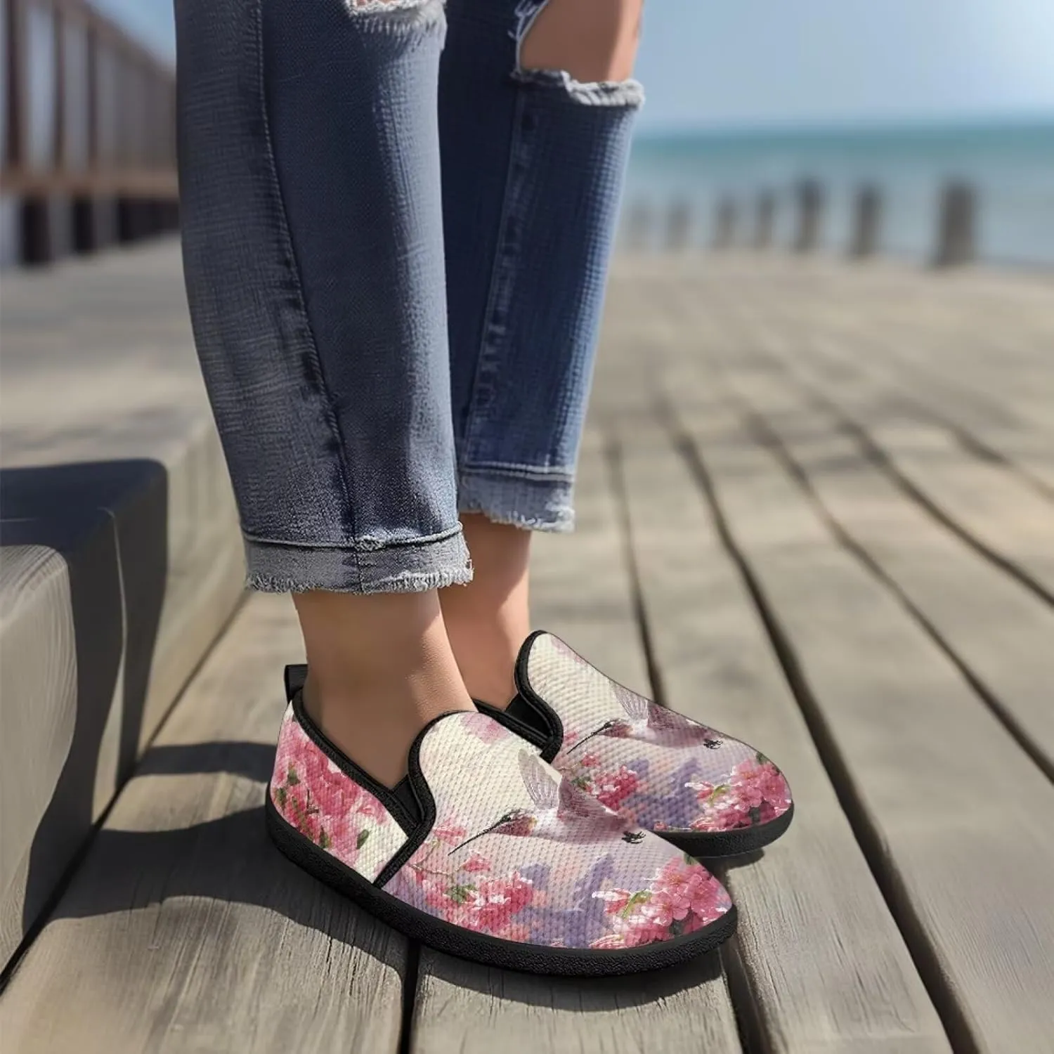 Women's Mesh Flats Shoes Casual Breathable Slip On Sneakers Non-Slip Low Top Outdoor Walking Loafers