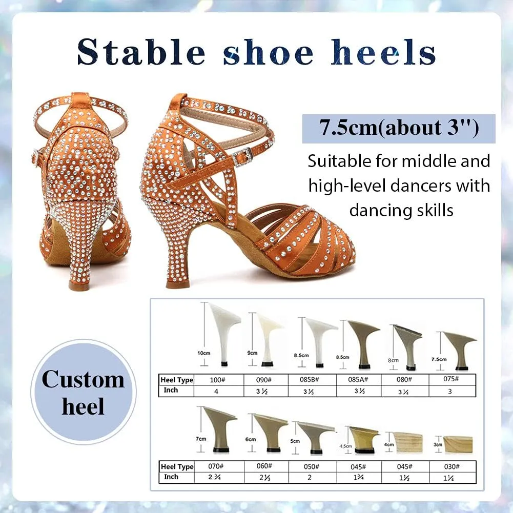 Women's Rhinestone Ballroom Dance Shoes Open Toe Latin Salsa Bachata Performance Dancing Shoes 3 Inch Heel