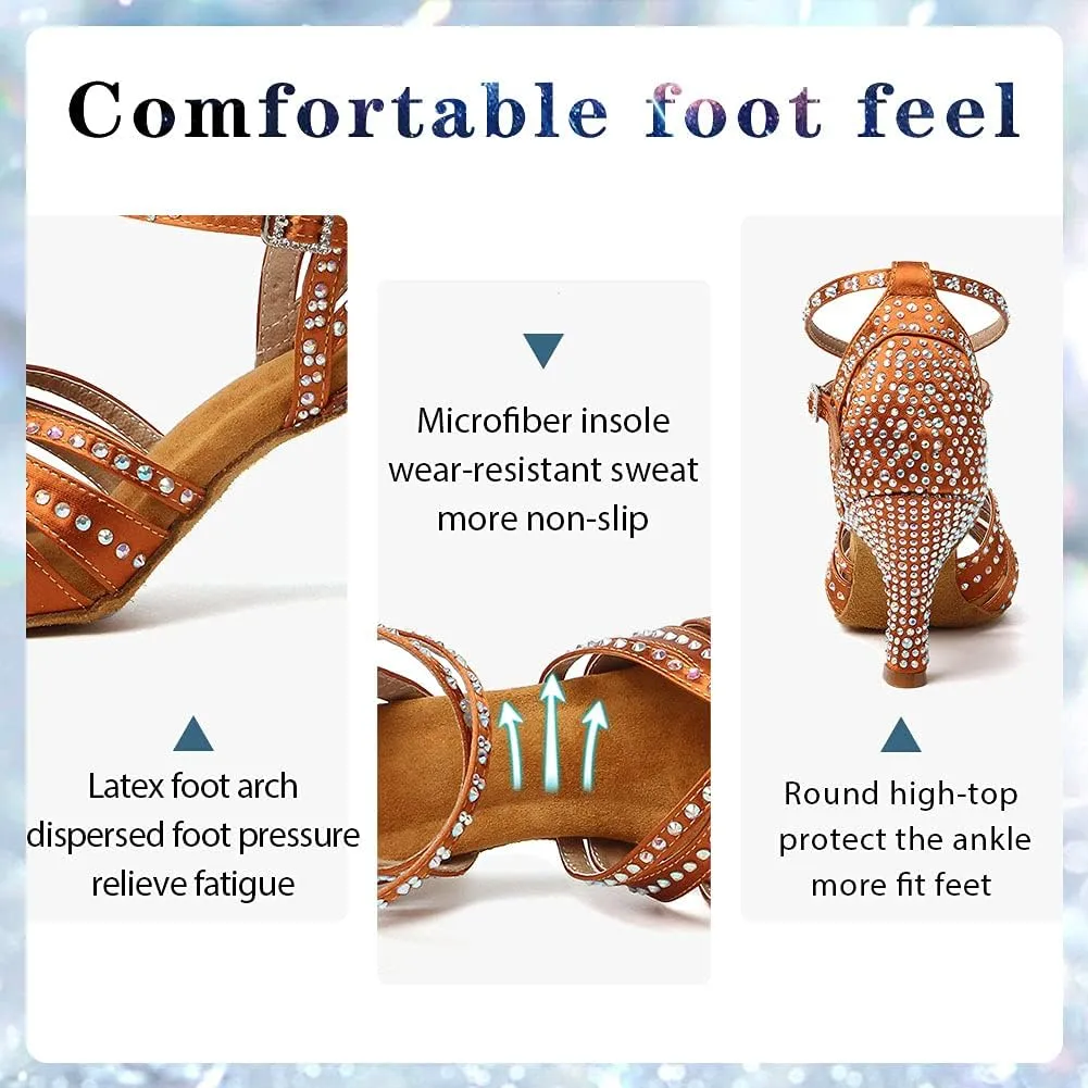 Women's Rhinestone Ballroom Dance Shoes Open Toe Latin Salsa Bachata Performance Dancing Shoes 3 Inch Heel