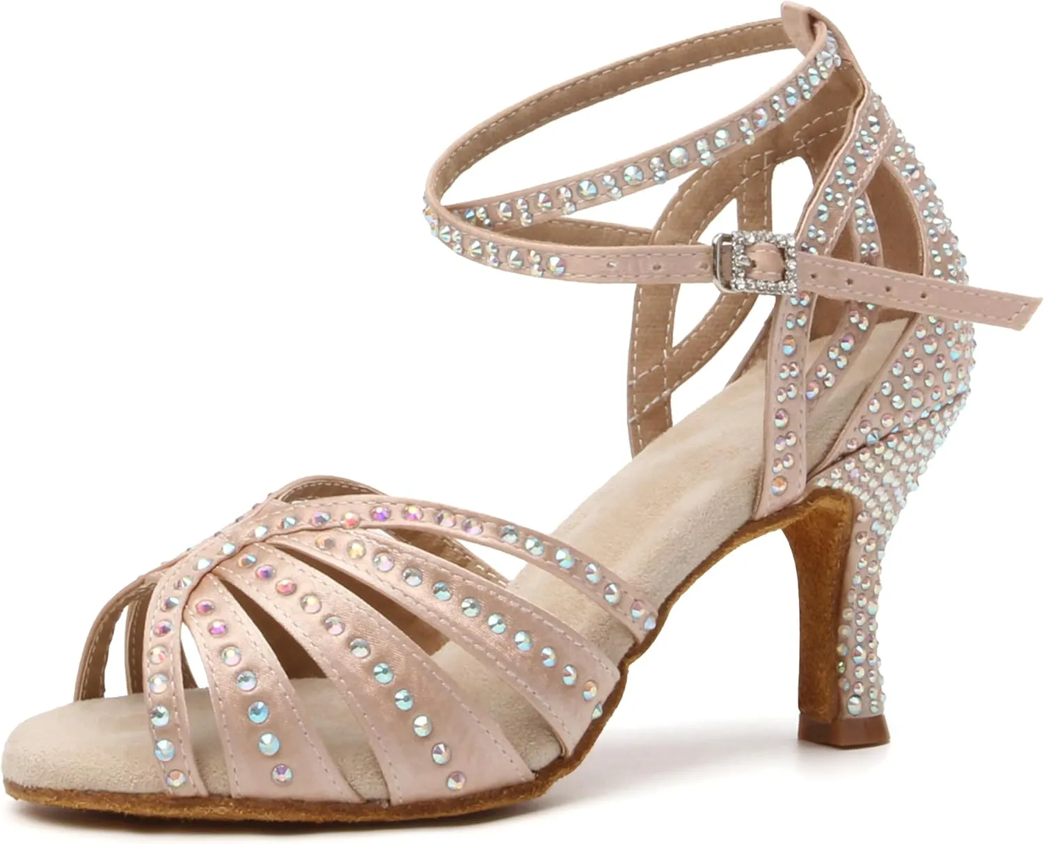 Women's Rhinestone Ballroom Dance Shoes Open Toe Latin Salsa Bachata Performance Dancing Shoes 3 Inch Heel
