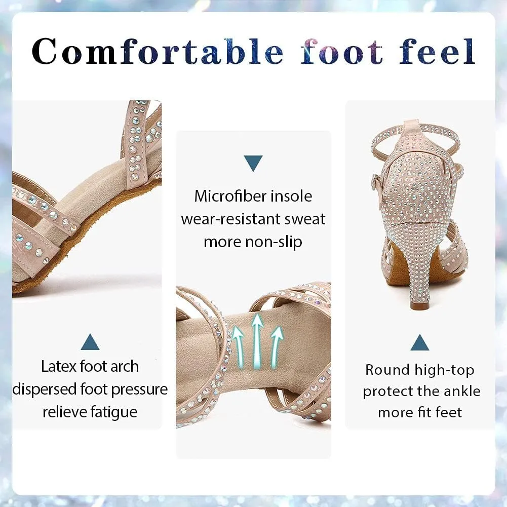 Women's Rhinestone Ballroom Dance Shoes Open Toe Latin Salsa Bachata Performance Dancing Shoes 3 Inch Heel