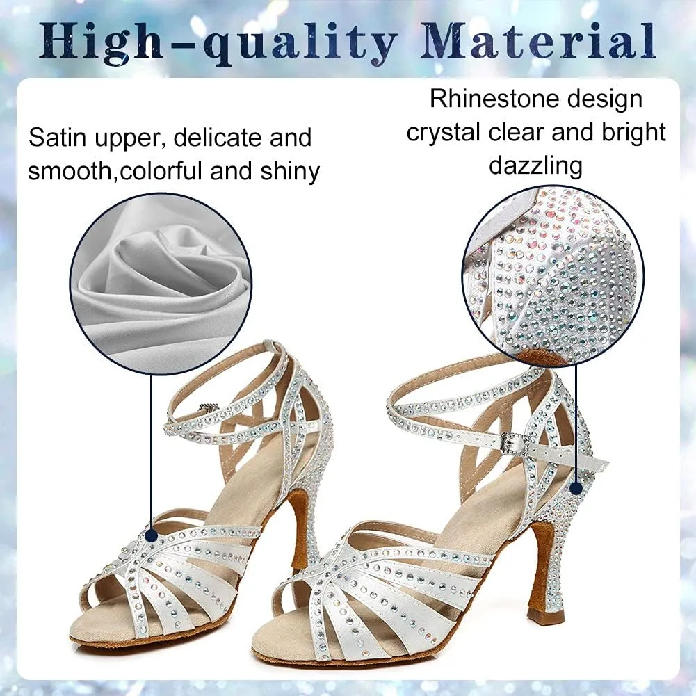 Women's Rhinestone Ballroom Dance Shoes Open Toe Latin Salsa Bachata Performance Dancing Shoes 3 Inch Heel