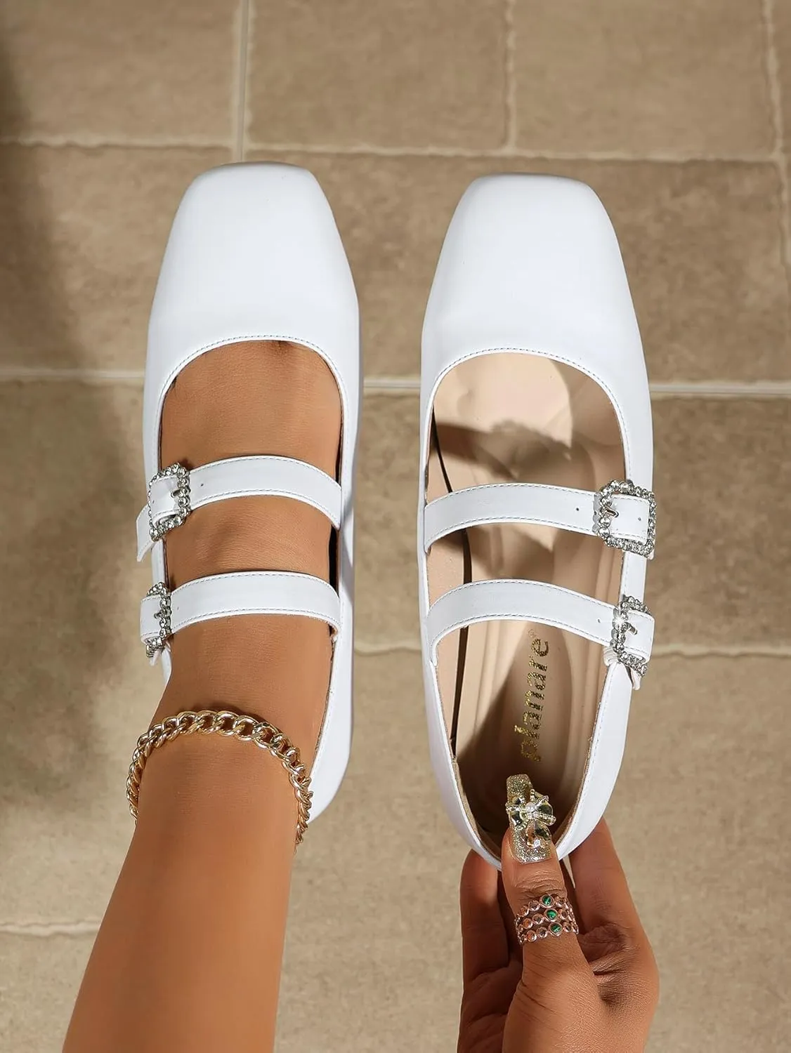 Women's White Flats Mary Jane Square Toe Pumo Rhinestone Buckle Elegant Double Strap Round Toe Dress Shoes for School, Weddings, Parties & Daily Wear