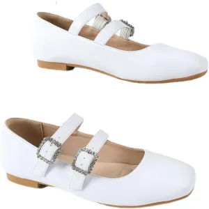 Women's White Flats Mary Jane Square Toe Pumo Rhinestone Buckle Elegant Double Strap Round Toe Dress Shoes for School, Weddings, Parties & Daily Wear