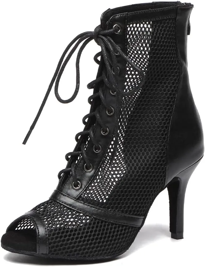 YKXLM Women Open Toe Dance Boots Latin Salsa Ballroom Mesh Lace-up Ankle Dance Shoes,L576