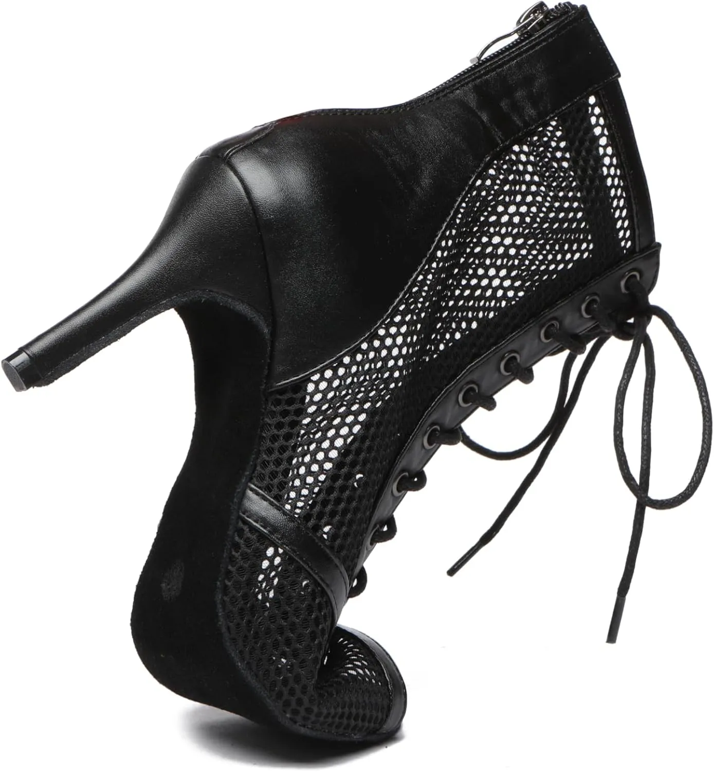 YKXLM Women Open Toe Dance Boots Latin Salsa Ballroom Mesh Lace-up Ankle Dance Shoes,L576