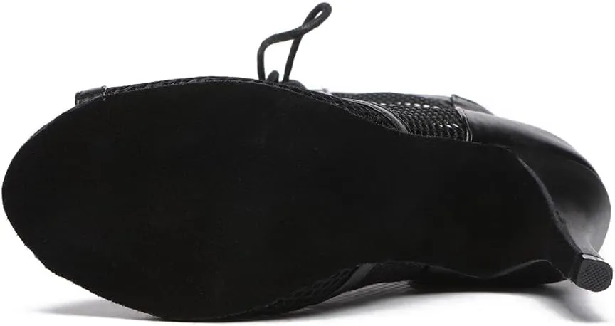 YKXLM Women Open Toe Dance Boots Latin Salsa Ballroom Mesh Lace-up Ankle Dance Shoes,L576