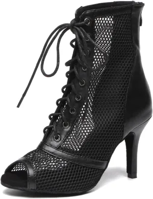 YKXLM Women Open Toe Dance Boots Latin Salsa Ballroom Mesh Lace-up Ankle Dance Shoes,L576