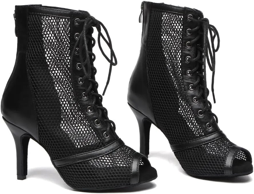 YKXLM Women Open Toe Dance Boots Latin Salsa Ballroom Mesh Lace-up Ankle Dance Shoes,L576