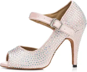YKXLM Women Rhinestone Ballroom Dance Shoes Latin Salsa Performance Dance Shoes