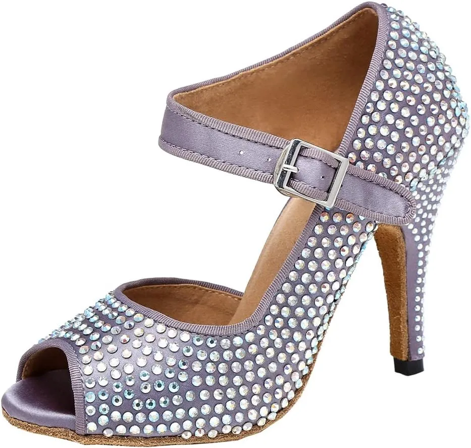 YKXLM Women Rhinestone Ballroom Dance Shoes Latin Salsa Performance Dance Shoes