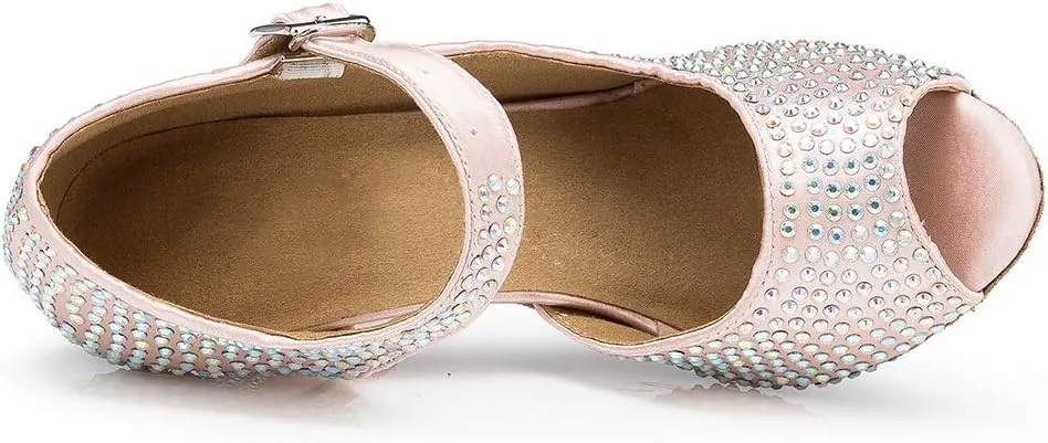 YKXLM Women Rhinestone Ballroom Dance Shoes Latin Salsa Performance Dance Shoes