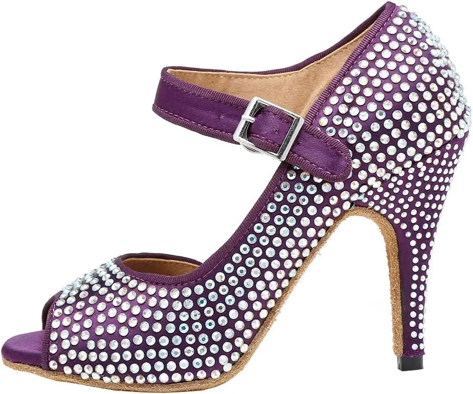 YKXLM Women Rhinestone Ballroom Dance Shoes Latin Salsa Performance Dance Shoes