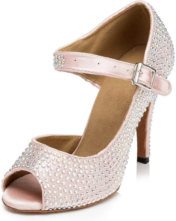 YKXLM Women Rhinestone Ballroom Dance Shoes Latin Salsa Performance Dance Shoes