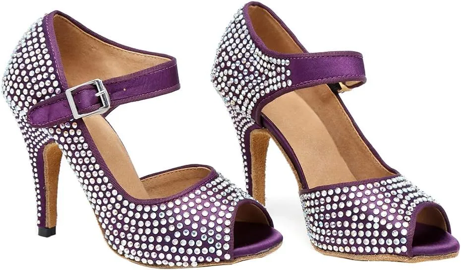 YKXLM Women Rhinestone Ballroom Dance Shoes Latin Salsa Performance Dance Shoes