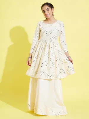 YUVA BY VASTRAMAY Girl's Cream Mirror Flair Kurti With Long Skirt Set