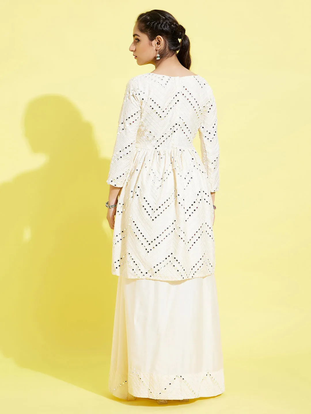 YUVA BY VASTRAMAY Girl's Cream Mirror Flair Kurti With Long Skirt Set