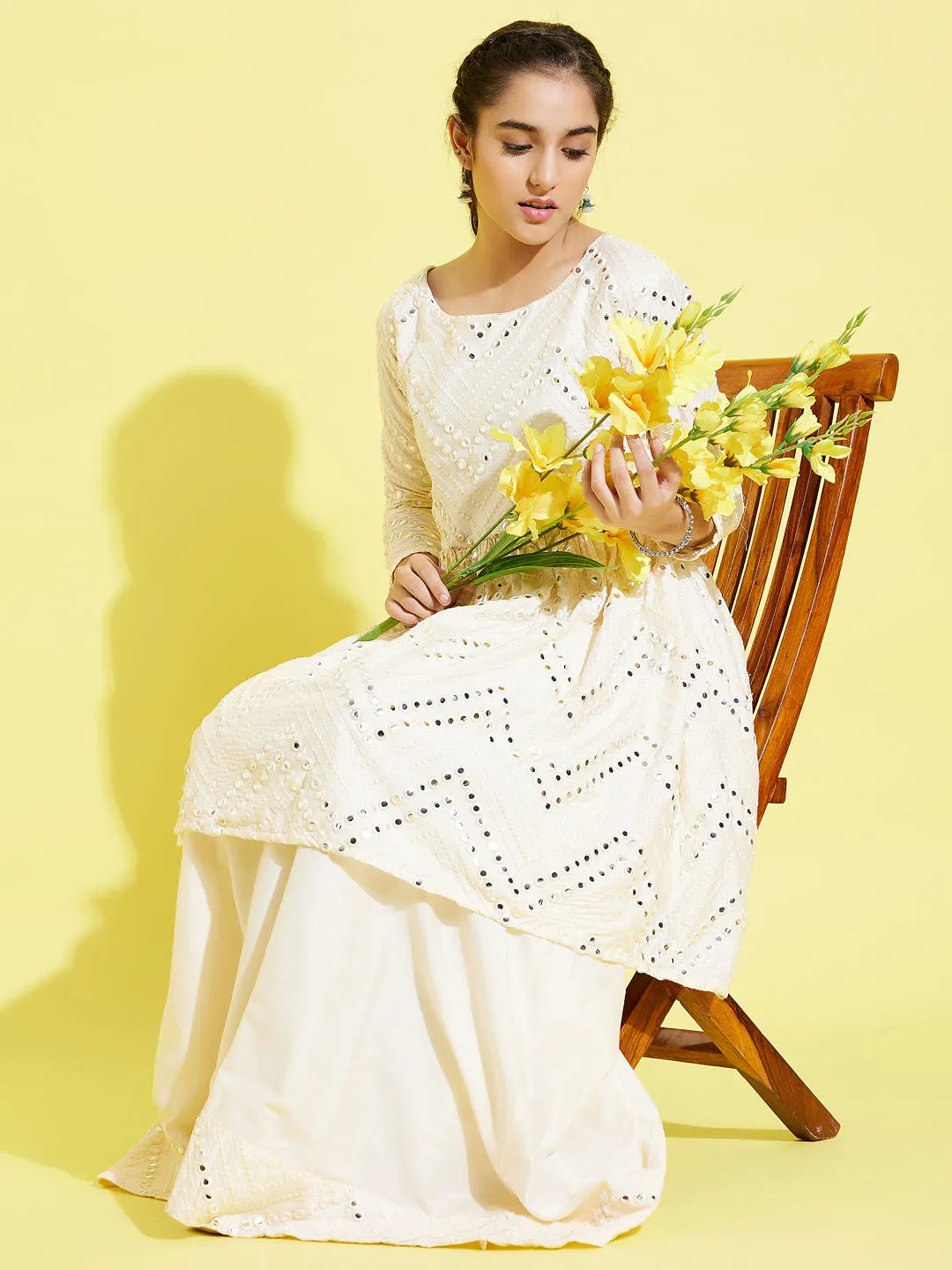 YUVA BY VASTRAMAY Girl's Cream Mirror Flair Kurti With Long Skirt Set