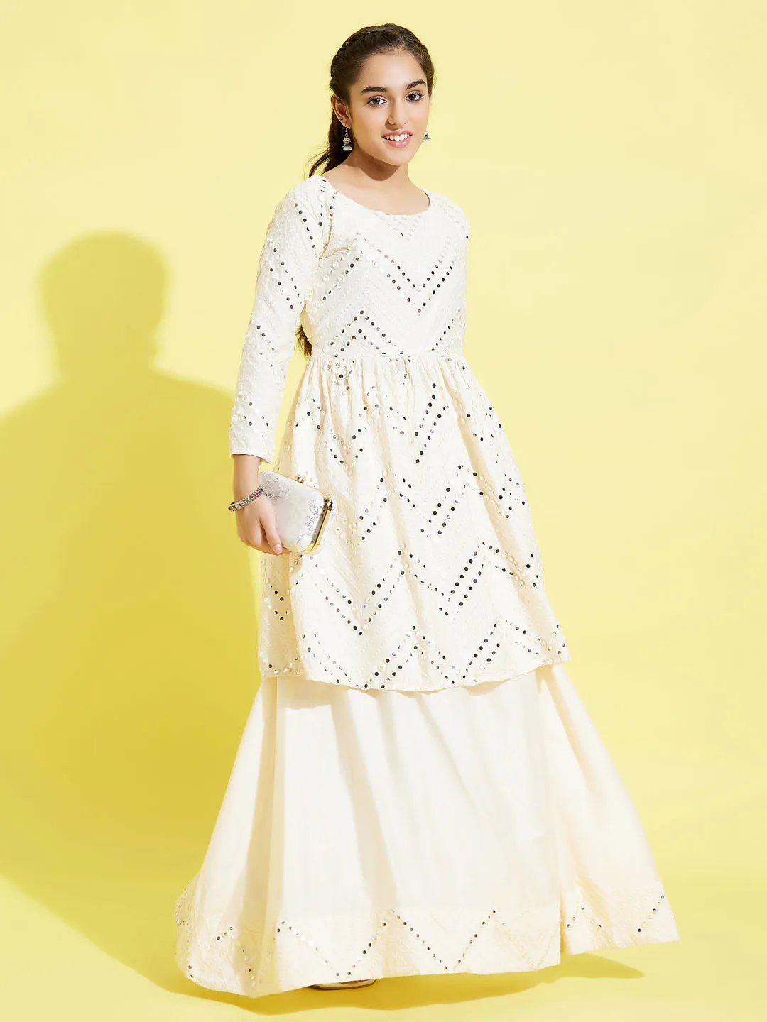 YUVA BY VASTRAMAY Girl's Cream Mirror Flair Kurti With Long Skirt Set
