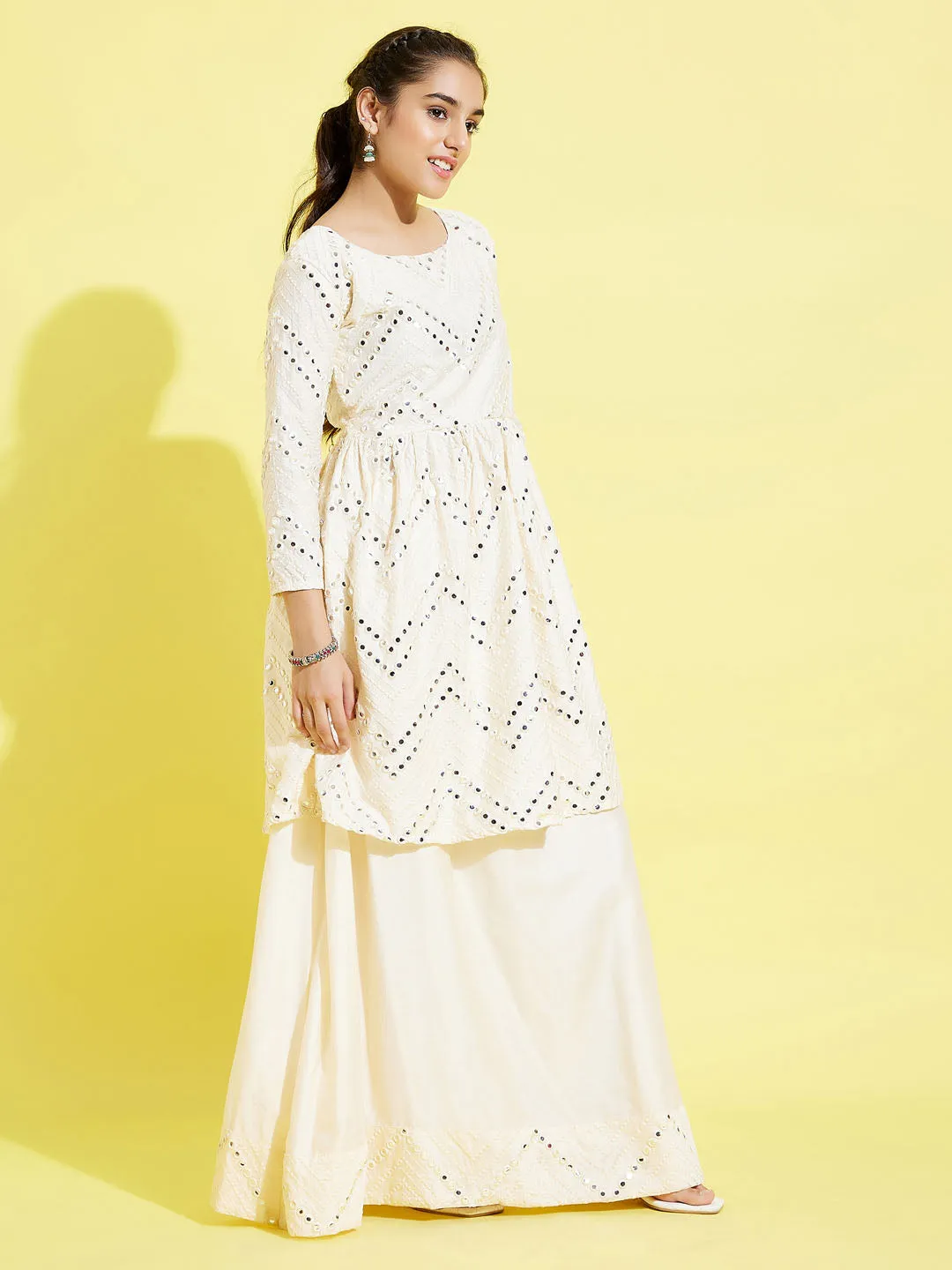 YUVA BY VASTRAMAY Girl's Cream Mirror Flair Kurti With Long Skirt Set