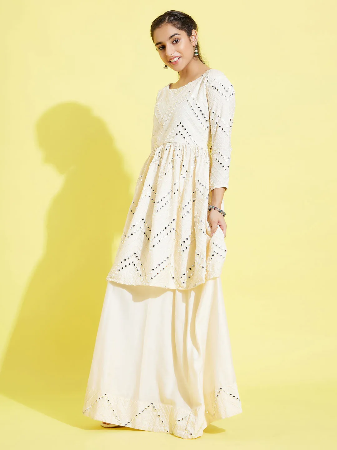 YUVA BY VASTRAMAY Girl's Cream Mirror Flair Kurti With Long Skirt Set