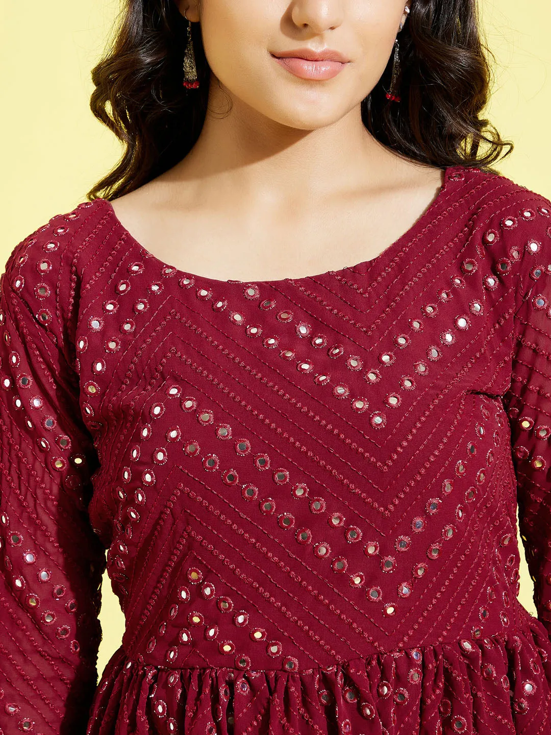 YUVA BY VASTRAMAY Girl's Maroon  Mirror Kurta Pyjama Set