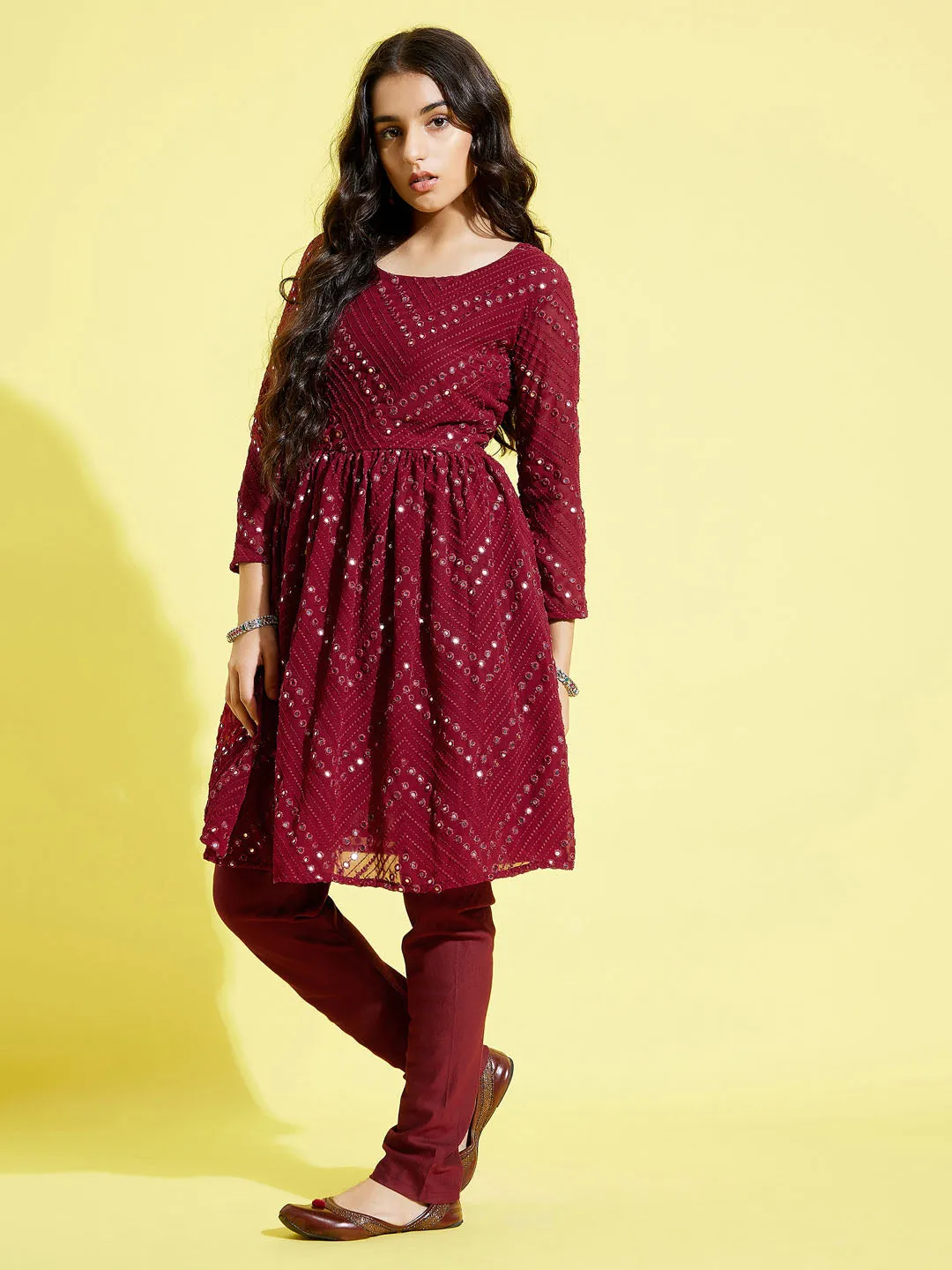 YUVA BY VASTRAMAY Girl's Maroon  Mirror Kurta Pyjama Set