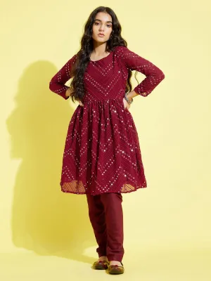 YUVA BY VASTRAMAY Girl's Maroon  Mirror Kurta Pyjama Set