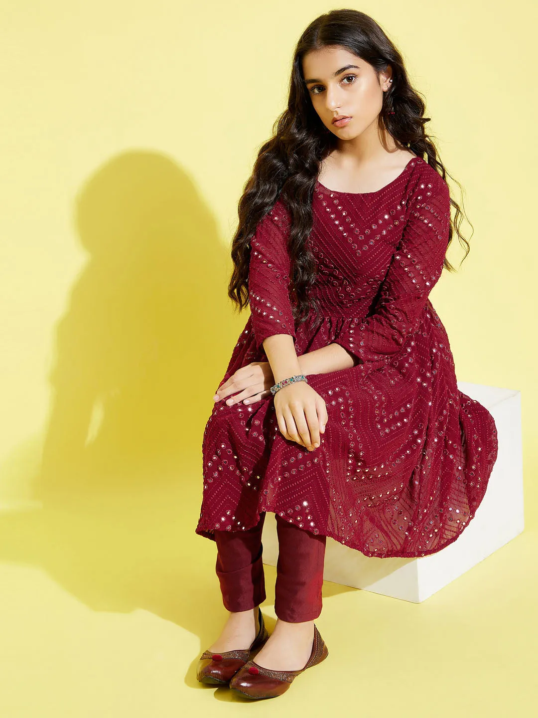 YUVA BY VASTRAMAY Girl's Maroon  Mirror Kurta Pyjama Set