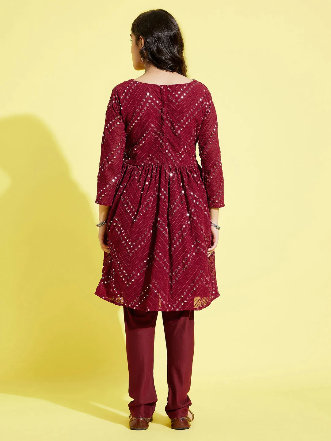 YUVA BY VASTRAMAY Girl's Maroon  Mirror Kurta Pyjama Set