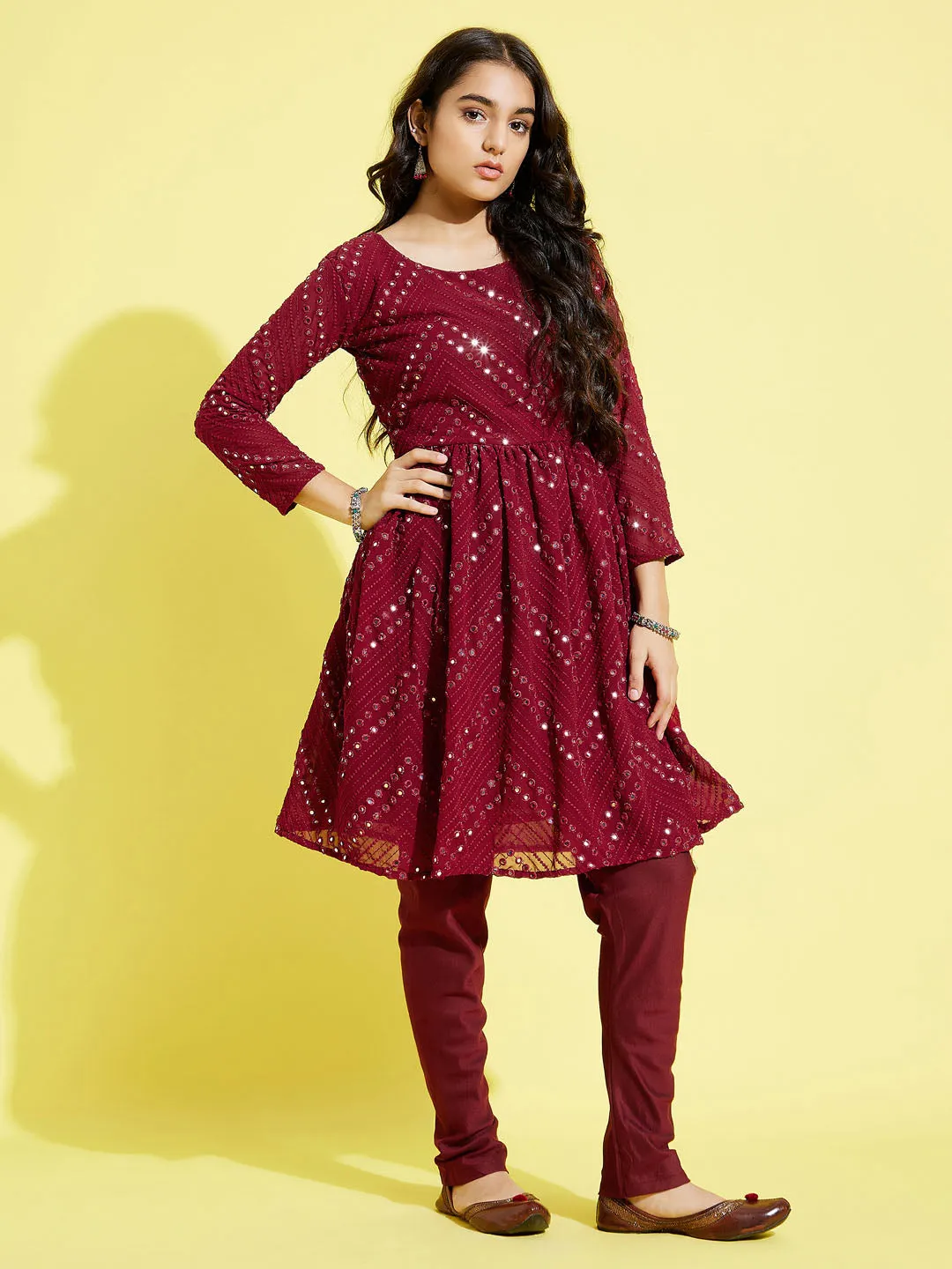 YUVA BY VASTRAMAY Girl's Maroon  Mirror Kurta Pyjama Set
