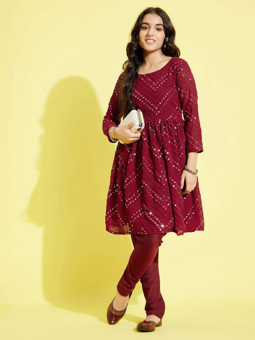 YUVA BY VASTRAMAY Girl's Maroon  Mirror Kurta Pyjama Set